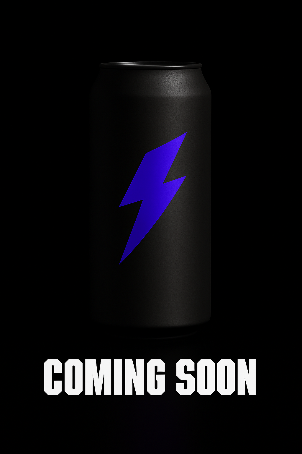 Black can with blue lightning bolt and 'COMING SOON' text on a black background